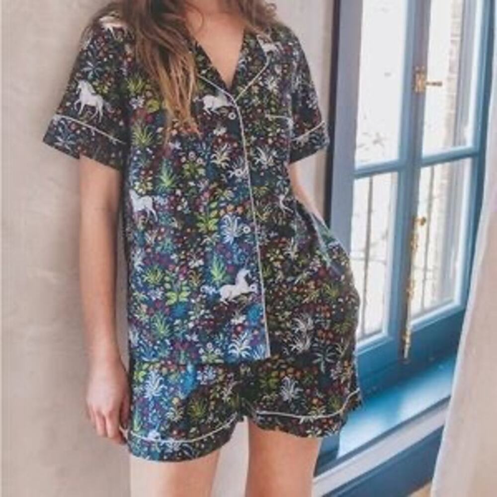Printfresh Unicorn Garden Print Short-sleeve Cotton Pajama Set Size 1X